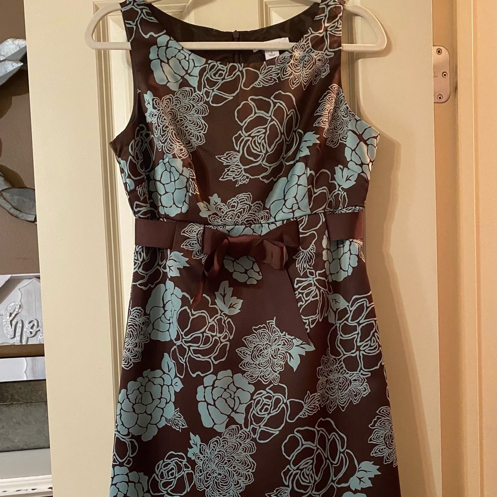 DressBarn Sleeveless Brown Teal Midi Dress with Bow Sz 8